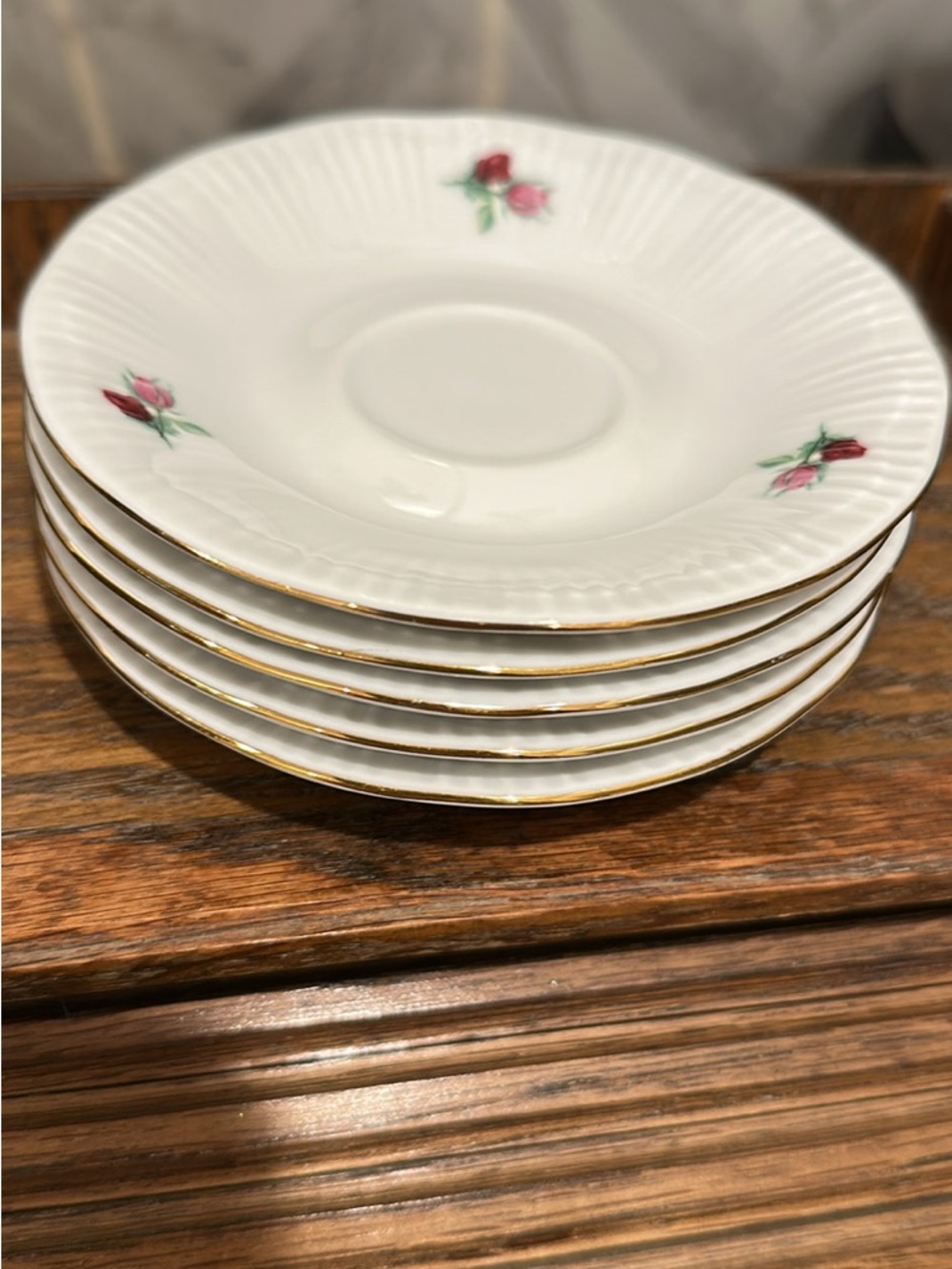 White Porcelain Saucer Set with Pink Rose Accent and Gold Trim